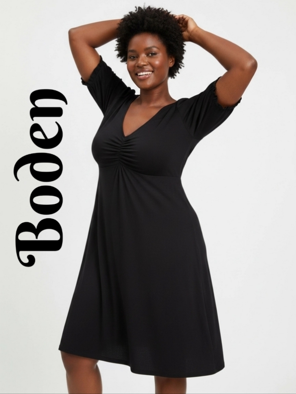 Boden Women's Jersey Dress Sz14R Black Pockets Stretch Short Sleeve V Neck